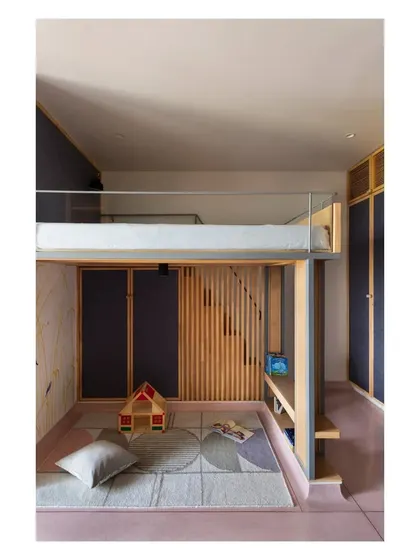 For the 'House of Skye' project, I designed this bunk bed to be more than just a place to sleep; it's a compact, multi-functional unit for a child's room. The design integrates a play nook below and hidden storage within the slatted rubberwood steps, making it a smart and playful solution for maximizing space.