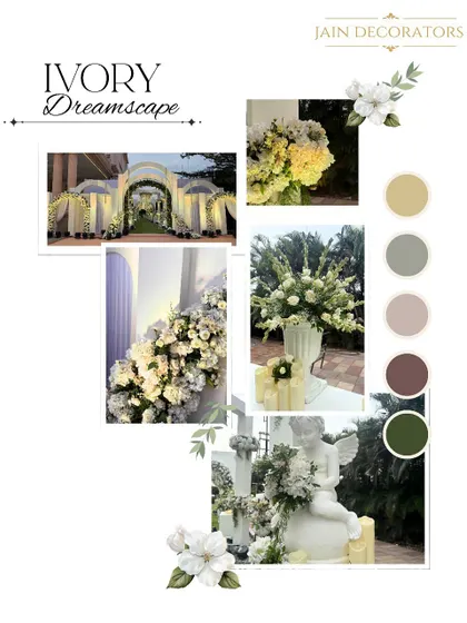 My process begins with your vision. This moodboard for an 'Ivory Dreamscape' theme shows how I translate ideas into a tangible design direction, defining the color palette, textures, and key elements to ensure the final decor is a perfect reflection of you.