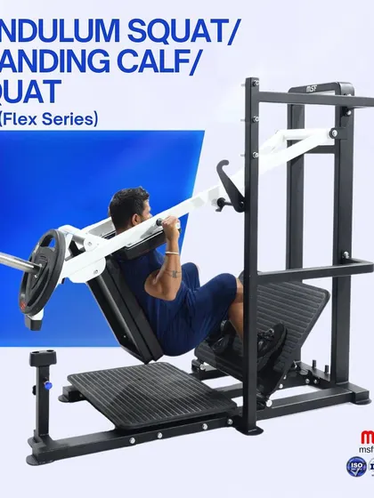 A side view of the 3-in-1 Pendulum Squat machine, showing the range of motion and heavy-duty construction.