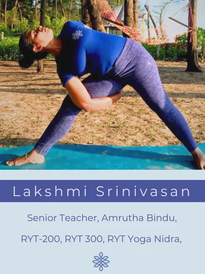 Meet Lakshmi Srinivasan, a senior teacher specializing in nervous system rehabilitation and prenatal yoga. With a background in classical music, her voice is one of her greatest strengths in guiding students.