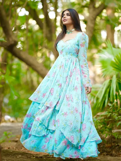 A full-length shot of the floral Anarkali, a perfect choice for a daytime event or a sangeet.