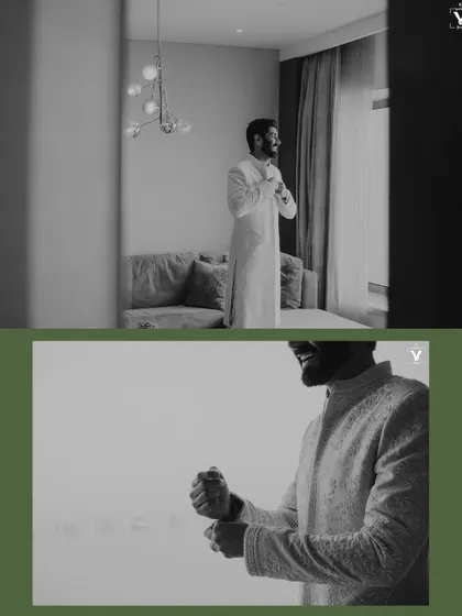 A black and white collage of the groom getting ready. The shots capture him adjusting his cuffs and smiling, framed by the soft light from a window, creating a cinematic feel.
