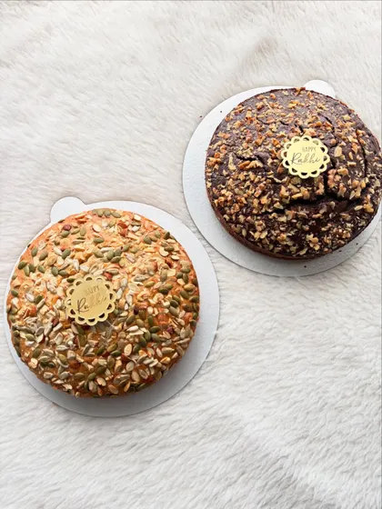 My wholewheat date and walnut cake and a chocolate walnut cake, ready for Rakhi gifting. These are healthier options that are still incredibly delicious.