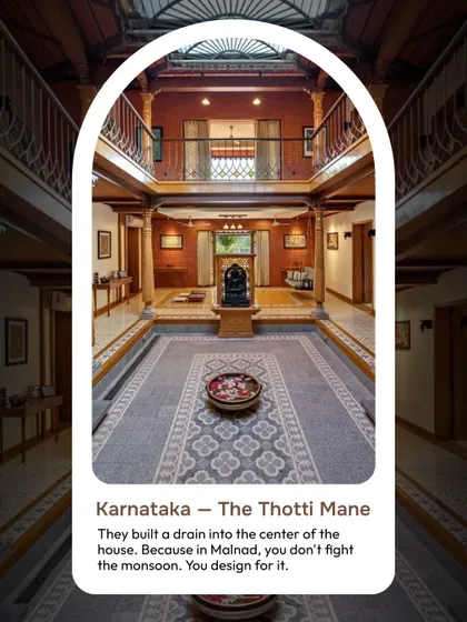 In the monsoon-heavy Malnad region of Karnataka, the 'Thotti Mane' features a drain built right into the center of the house. This shows a philosophy of designing for the rain, not fighting it, a lesson in adapting to the environment.