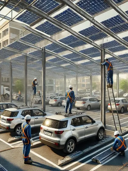 We can transform any open parking area into a solar power hub. This image shows our team installing a multi-car solar canopy, a perfect solution for housing societies and commercial buildings.