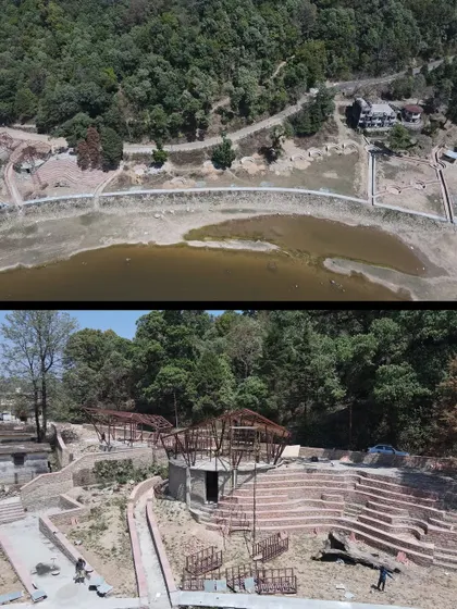 **By the Lake, Uttarakhand:** Construction progress of a lakefront rejuvenation project. The aerial and ground views show the creation of a stepped amphitheater and public plaza, transforming the area into an accessible community space.