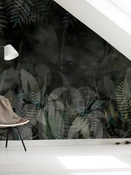 A dark and atmospheric jungle wallpaper, perfect for creating a cozy and dramatic nook in an attic room.