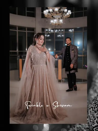 A beautifully edited photo of the couple, Twinkle and Shivam, from their engagement. The black and white treatment with their names adds a personalized, elegant touch.