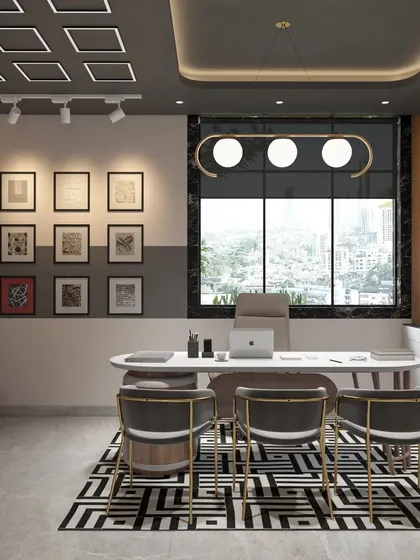 An executive cabin that balances modern design with a commanding view. The geometric rug, gallery wall, and statement lighting create a sophisticated atmosphere for leadership.