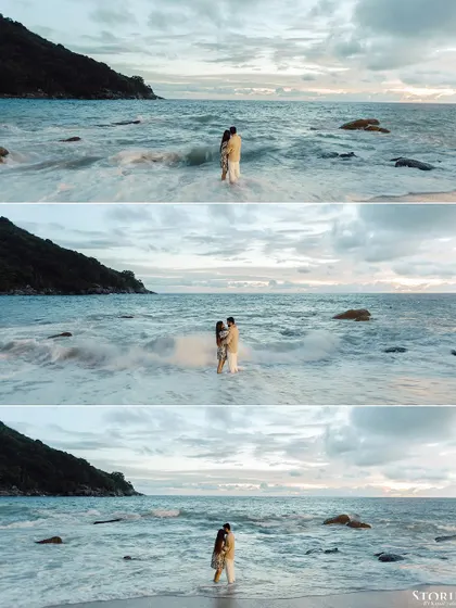 A dramatic, three-panel shot of the couple embracing amidst the crashing waves of the ocean at dusk.