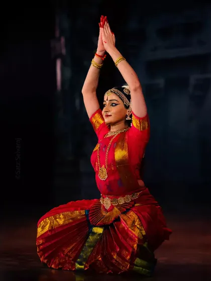 Anjali mudra, a gesture of reverence, performed during the Natyanjali Festival. This pose signifies offering my respects to the deity, the Guru, and the audience.