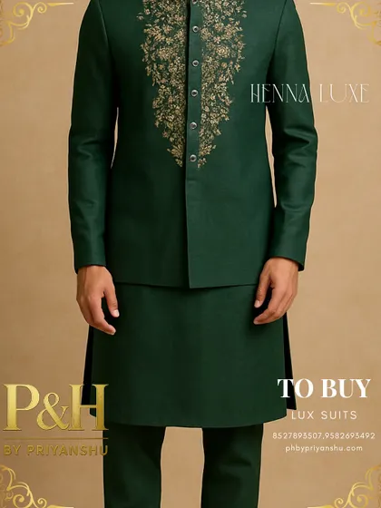 A close-up of the jacket, showcasing the dense and beautiful hand-embroidery around the neckline and placket.