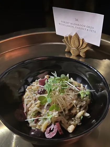 A single serving of our Forest Mushroom Orzo with lemon, parsley, and feta. This dish shows our ability to create sophisticated and flavorful single-portion meals for events.