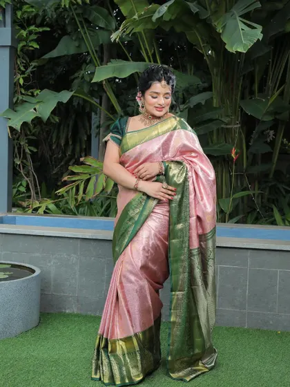 Actress Siri Raju in a beautiful pink and green Kanjivaram saree from our Anthariya Silks collection.