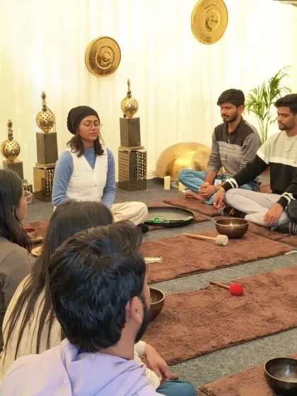 Leading a guided meditation for employees at an HCL BeWell event. We begin by centering ourselves, which prepares the mind and body for the sound healing experience to follow.