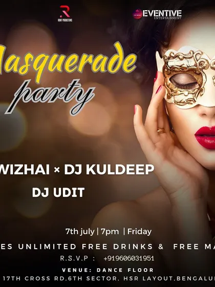 This poster for a Masquerade Party shows the vibe we create. We provide free masks and unlimited drinks for ladies, ensuring a night of fun, mystery, and great music.