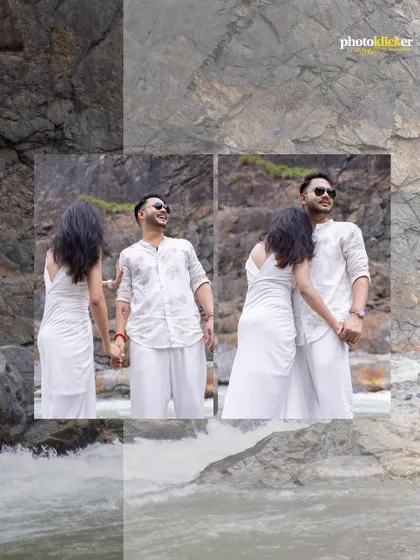 A creative collage using a rock texture overlay, framing two photos of a couple enjoying a moment by the river.