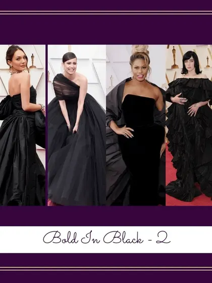 More inspiration for wearing black. Notice the different textures and silhouettes, from voluminous taffeta to sleek velvet, proving that black is anything but boring.