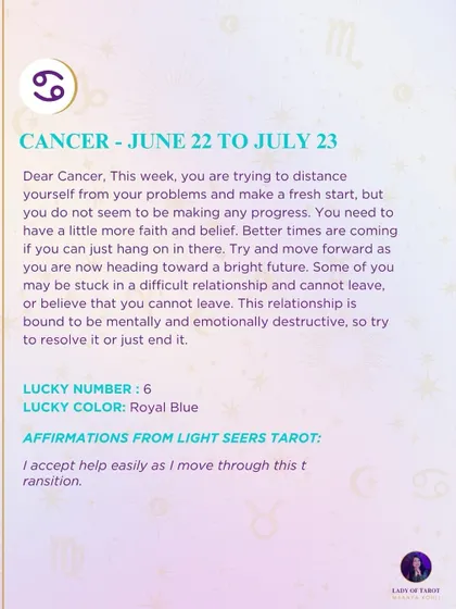 A weekly tarot prediction for Cancer. The cards suggest you are trying to distance yourself from problems and make a fresh start, with better times ahead.