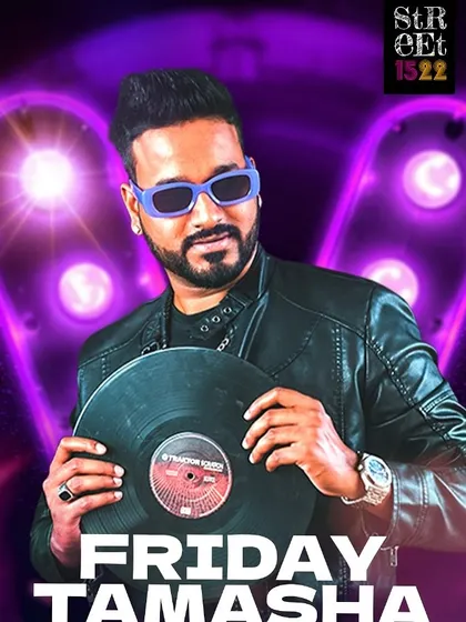 A "Friday Tamasha" poster with a cool, purple-themed design.