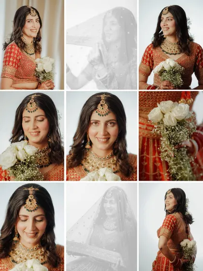 A grid of nine portraits of the bride holding a bouquet of white roses. The mix of color and black and white shots creates a beautiful and varied collection.