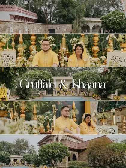 A collage from a beautiful Haldi ceremony at Khas Bagh, Jaipur. The yellow theme and poolside setting created a stunning backdrop for this fun event.