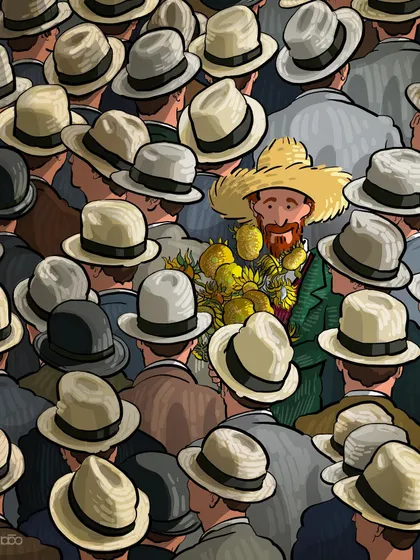 This piece is a commentary on individuality versus conformity. Amidst a crowd of identical grey hats, Vincent stands out, not just because of his straw hat but because he carries a bouquet of vibrant sunflowers. It’s a statement about daring to be different and holding onto what brings you color and life, even when you feel alone.