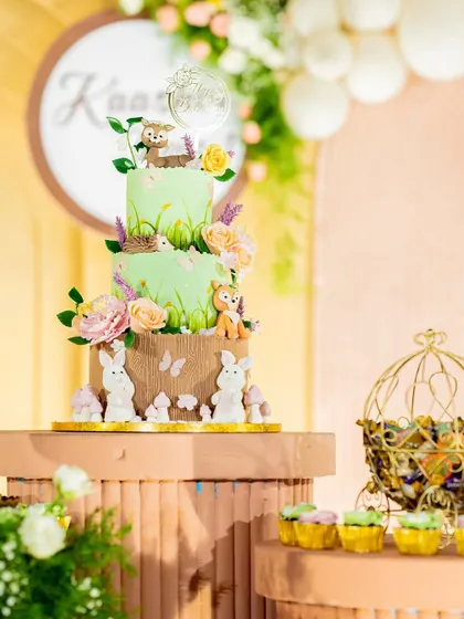 A whimsical woodland-themed cake, featuring adorable fondant creatures, flowers, and a rustic tree bark texture.