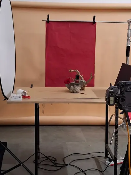 The studio setup for the moody and organic "Persian Oud" shot for Fraganote.