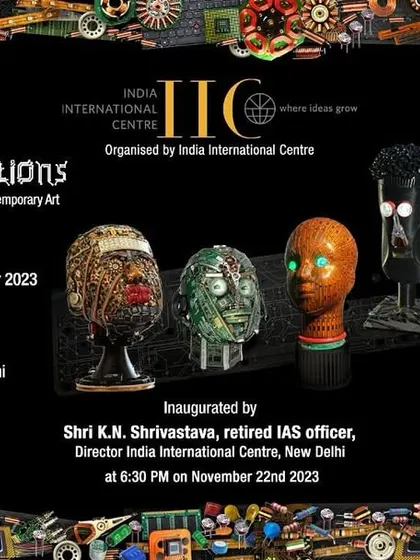 A detailed invitation for the "ECOINNOVATIONS" exhibition, featuring some of the sculptural busts crafted from e-waste that were on display.