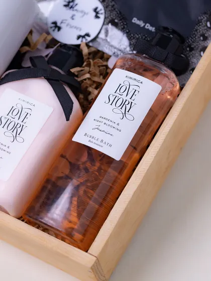 A detail shot of the 'Love Story' body lotion and bubble bath from Kimirica, included in my hamper for couples to share a moment of indulgence.