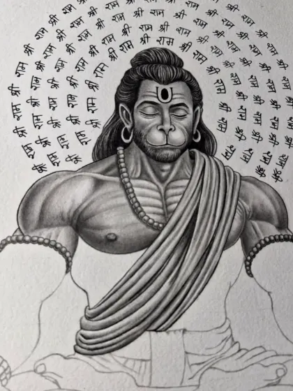 A portrait of Hanuman ji in deep meditation, with "Shri Ram" written in a circular pattern. This is a highly detailed and spiritual piece.