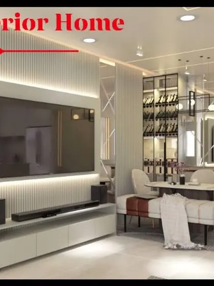 A modern living room with a backlit TV panel and a clear view of the adjacent dining area, which features a stylish wine rack.