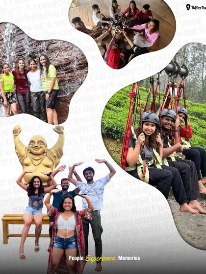 A collage of fun group activities, from ziplining to posing with a laughing Buddha statue. It showcases the variety of experiences you can have on my trips.