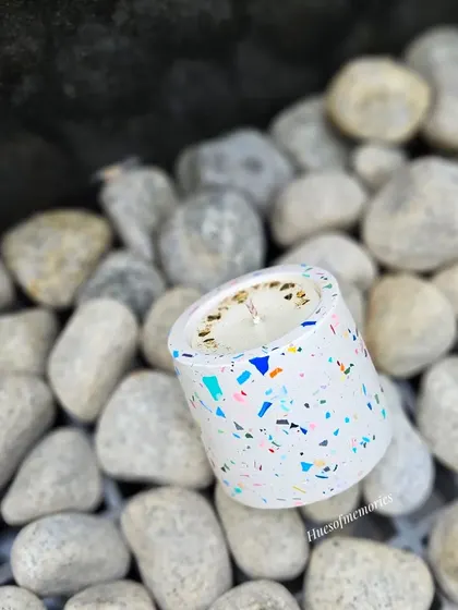 This terrazzo-style candle holder is one of my favorites. The colorful chips are set in white eco-resin, creating a playful and modern look for this hand-poured soy wax candle.