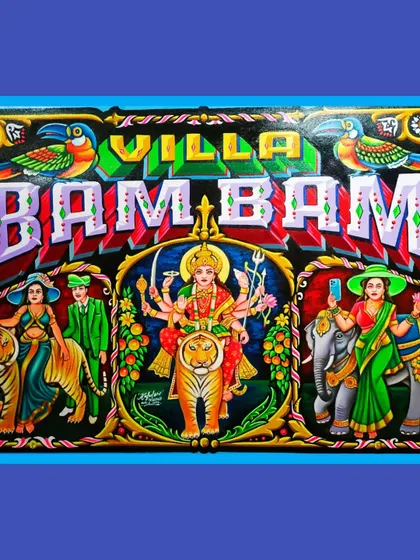 The "Villa Bam Bam" painting, a fusion of spiritual iconography and modern pop art, perfect for a statement wall.