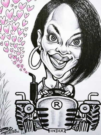 A caricature of Rihanna on a tractor, created in response to her tweet about the farmers' protest in India. This piece shows how I use art to engage with trending global topics.