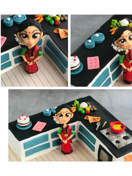Close-up shots of the kitchen cake, focusing on the expressive, hand-sculpted figurine of the birthday woman in her saree.