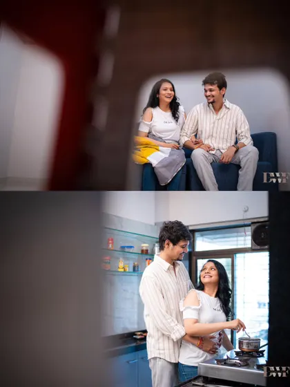 A collage of cozy moments from an at-home pre-wedding shoot. I use creative framing to capture candid interactions, like peeking through a doorway, to tell a more intimate story.