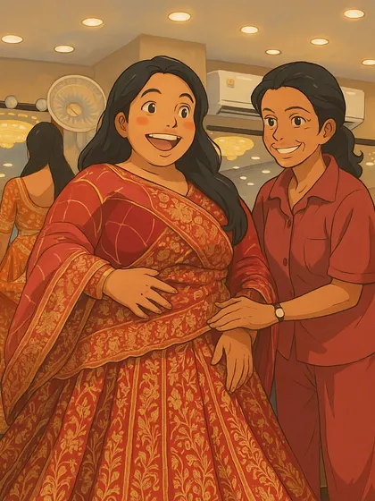 Another Ghibli-style illustration showing the happiness of a final fitting. This is the moment when the whole vision comes to life.