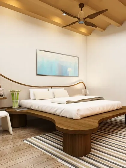 A unique, custom-designed bed frame in a 3D render, featuring a flowing, organic shape that incorporates a bedside table and vanity mirror.