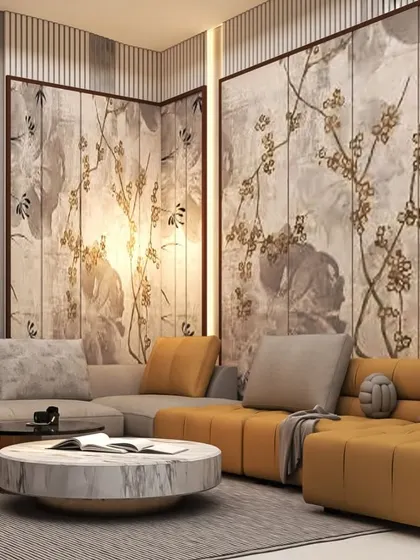 A living room concept featuring beautiful, floor-to-ceiling fabric panels with a delicate branch pattern, adding an artistic and soft touch to the space.