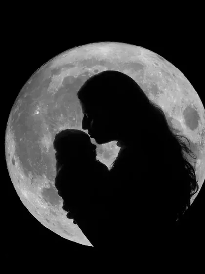 A slightly different composition of the mother and child moon silhouette, equally beautiful and timeless.