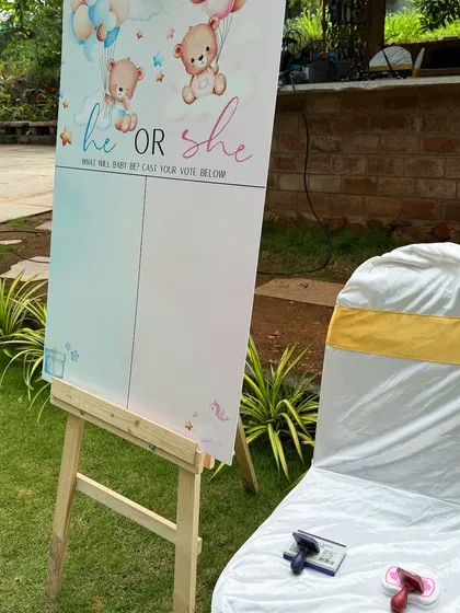 A fun and interactive "He or She" gender reveal voting board for a baby shower. Guests can cast their vote with thumbprints, adding a playful element to the celebration.