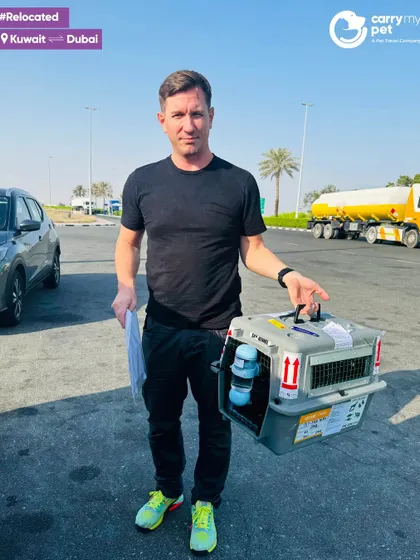 Gucci the cat is ready for the next leg of his journey after arriving in Dubai from Kuwait, with his owner holding the IATA-approved crate.