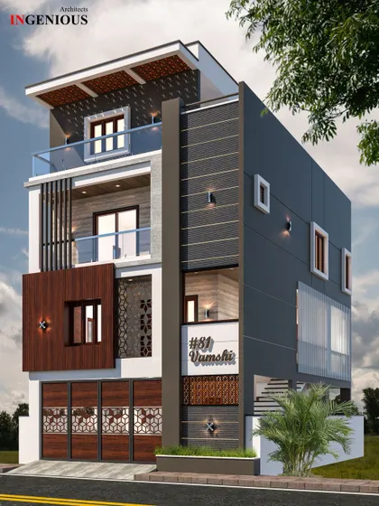 An angled perspective of the same contemporary duplex, illustrating how the different volumes and materials interact. This view highlights the cantilevered balconies and the depth of the facade design.