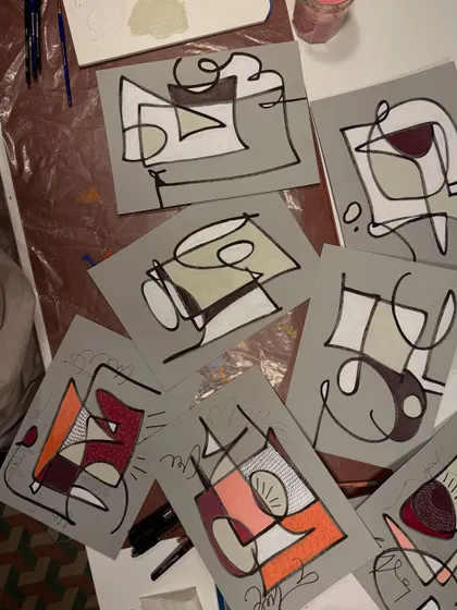 A collection of my abstract studies on grey paper. I drew something random and just painted, without worrying about what it was supposed to be. It was a step toward unconditioning my mind.