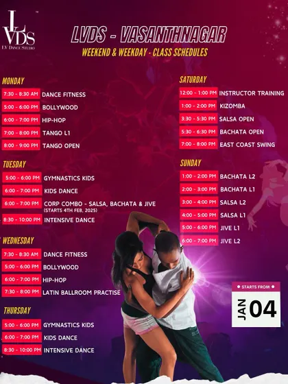 The complete weekend and weekday class schedule for our Vasanthnagar studio. Find classes in Dance Fitness, Bollywood, Hip-Hop, Tango, Kizomba, Salsa, Bachata, and more.