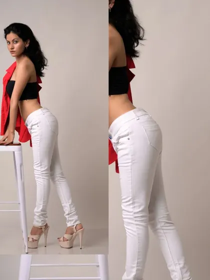 A dynamic, multi-angle shot showing different poses in a single image. This is a great way to showcase a model's range in a creative format.