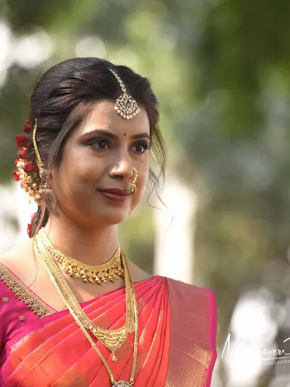 A close-up of Santhoshi's wedding day makeup, showing the soft and natural finish that allows her skin to glow.